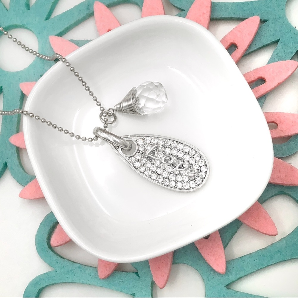 🌼 LOVE Rhinestone Charm & Bead Silver Dainty Necklace